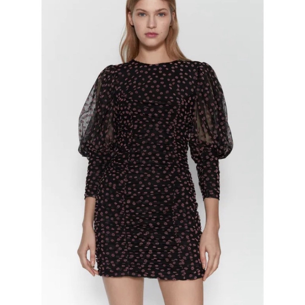 Zara Womens Puff Sheer Sleeve Textured Floral Dress Black/Pink XS